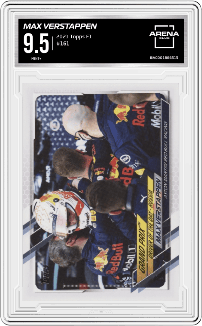Max Verstappen from the 2021 Topps F1 set graded by Arena Club and given an overall grade of 9.5.
