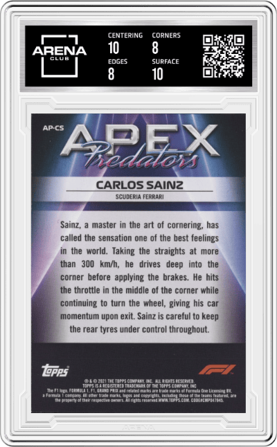 Carlos Sainz from the 2021 Topps F1 set graded by Arena Club and given an overall grade of 8.5.