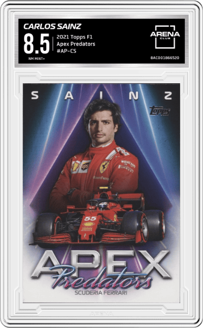 Carlos Sainz from the 2021 Topps F1 set graded by Arena Club and given an overall grade of 8.5.