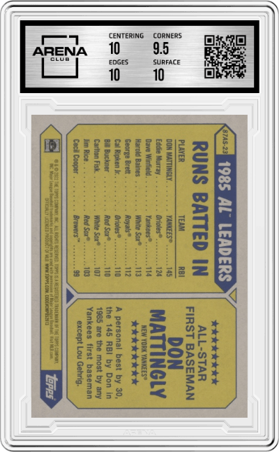Don Mattingly from the 2022 Topps set graded by Arena Club and given an overall grade of 10.