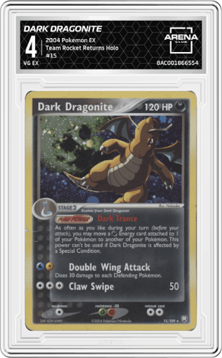 Dark Dragonite from the 2004 Pokemon EX set graded by Arena Club and given an overall grade of 4.