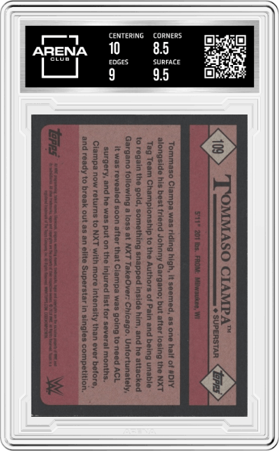 Tommaso Ciampa from the 2018 Topps WWE Heritage Wrestling set graded by Arena Club and given an overall grade of 9.