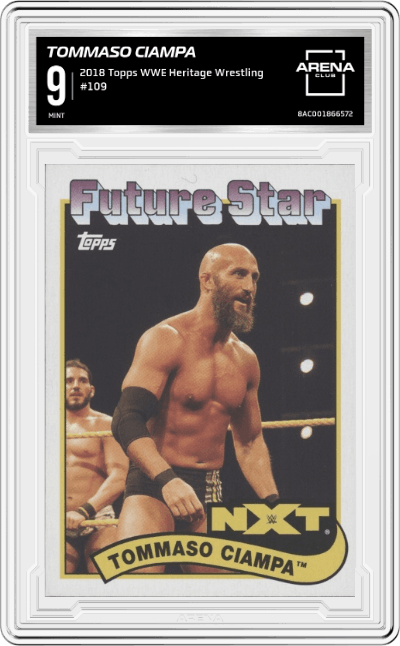 Tommaso Ciampa from the 2018 Topps WWE Heritage Wrestling set graded by Arena Club and given an overall grade of 9.