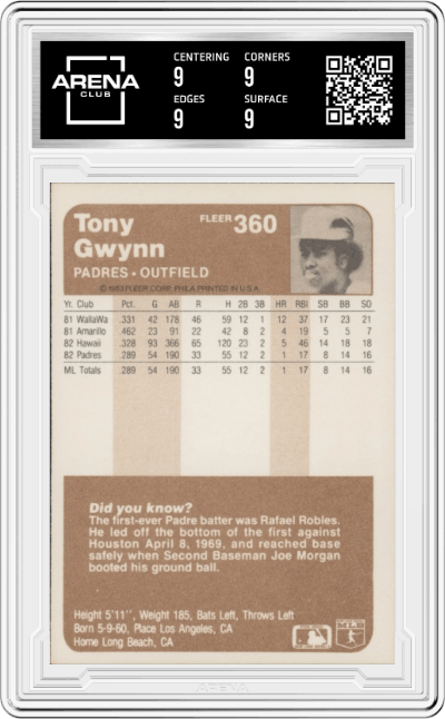 Tony Gwynn from the 1983 Fleer  set graded by Arena Club and given an overall grade of 9.