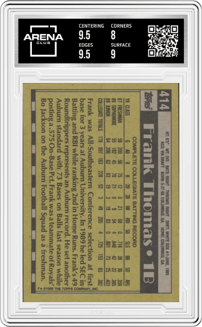 Frank Thomas from the 1990 Topps set graded by Arena Club and given an overall grade of 8.5.