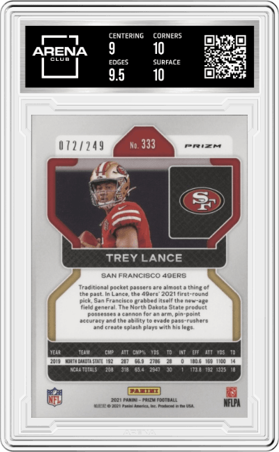 Trey Lance from the 2021 Panini Prizm set featuring a Orange Prizm parallel graded by Arena Club and given an overall grade of 9.5.