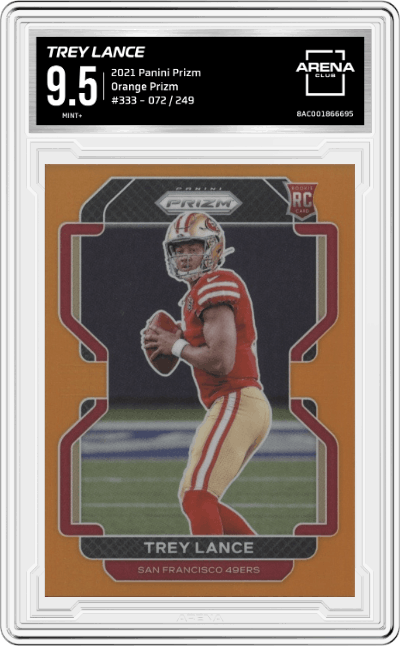 Trey Lance from the 2021 Panini Prizm set featuring a Orange Prizm parallel graded by Arena Club and given an overall grade of 9.5.