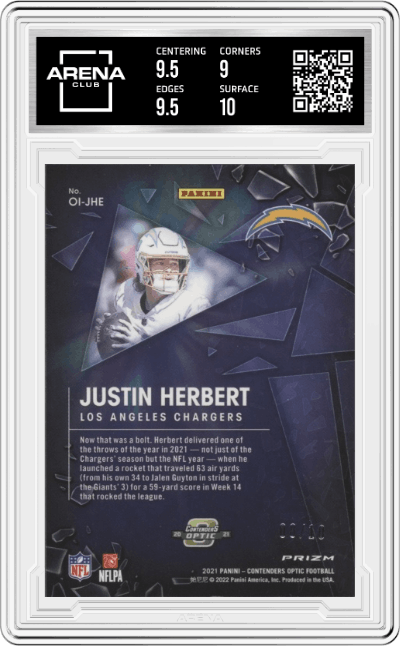 Justin Herbert from the 2021 Panini Contenders Optic set featuring a Gold parallel graded by Arena Club and given an overall grade of 9.5.