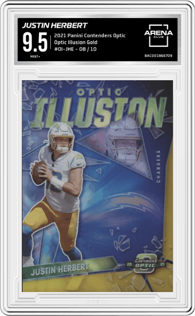 Justin Herbert from the 2021 Panini Contenders Optic set featuring a Gold parallel graded by Arena Club and given an overall grade of 9.5.