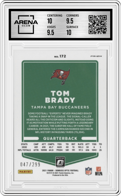 Tom Brady from the 2021 Panini Donruss Optic set featuring a Aqua  parallel graded by Arena Club and given an overall grade of 10.