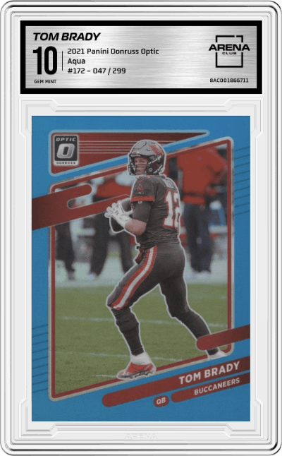 Tom Brady from the 2021 Panini Donruss Optic set featuring a Aqua  parallel graded by Arena Club and given an overall grade of 10.