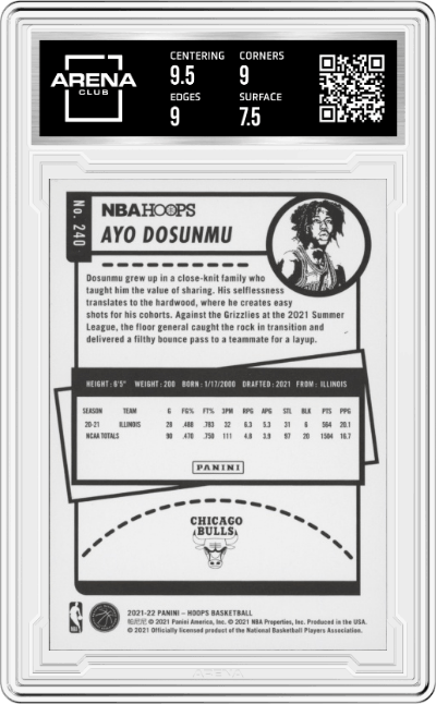 Ayo Dosunmu from the 2021-22 Panini NBA Hoops set featuring a Silver parallel graded by Arena Club and given an overall grade of 8.