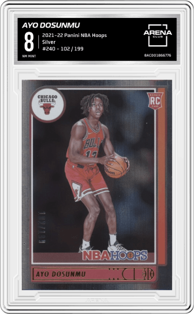 Ayo Dosunmu from the 2021-22 Panini NBA Hoops set featuring a Silver parallel graded by Arena Club and given an overall grade of 8.