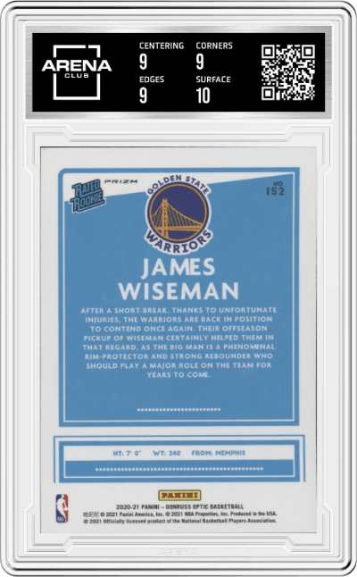James Wiseman from the 2020-21 Panini Donruss Optic set featuring a Holo parallel graded by Arena Club and given an overall grade of 9.5.