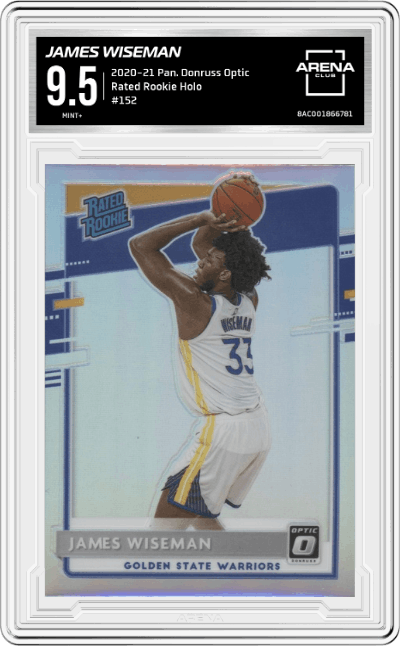 James Wiseman from the 2020-21 Panini Donruss Optic set featuring a Holo parallel graded by Arena Club and given an overall grade of 9.5.