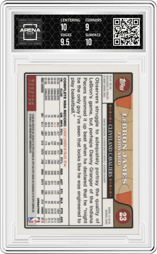 LeBron James from the 2008-09 Topps Chrome Basketball set featuring a X-Fractor parallel graded by Arena Club and given an overall grade of 9.5.