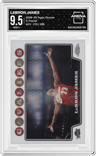LeBron James from the 2008-09 Topps Chrome Basketball set featuring a X-Fractor parallel graded by Arena Club and given an overall grade of 9.5.
