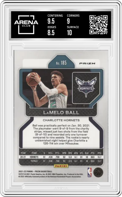 LaMelo Ball from the 2021-22 Panini Prizm  set featuring a Silver Prizm parallel graded by Arena Club and given an overall grade of 9.