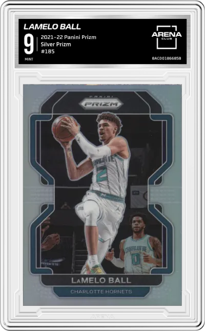LaMelo Ball from the 2021-22 Panini Prizm  set featuring a Silver Prizm parallel graded by Arena Club and given an overall grade of 9.