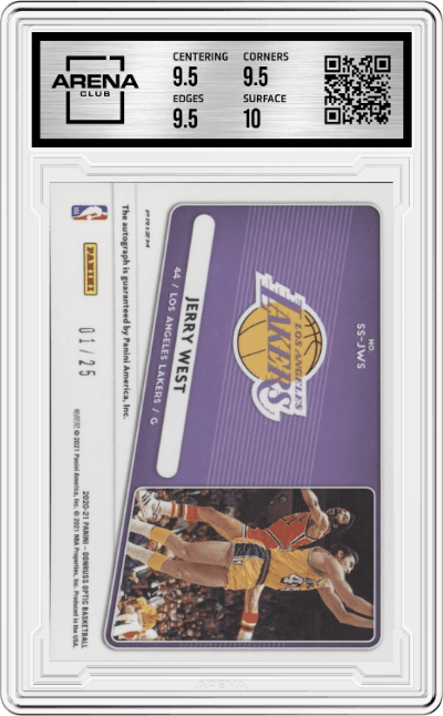 Jerry West from the 2020-21 Panini Donruss Optic set featuring a Pink Holo parallel graded by Arena Club and given an overall grade of 10.