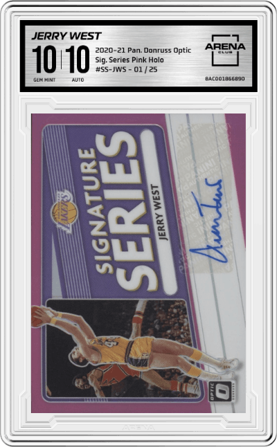 Jerry West from the 2020-21 Panini Donruss Optic set featuring a Pink Holo parallel graded by Arena Club and given an overall grade of 10.