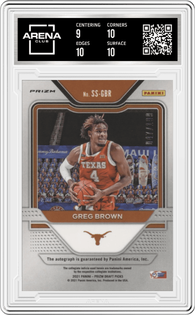Greg Brown from the 2021-22 Panini Prizm Draft Picks set featuring a Red Prizm parallel graded by Arena Club and given an overall grade of 9.5.