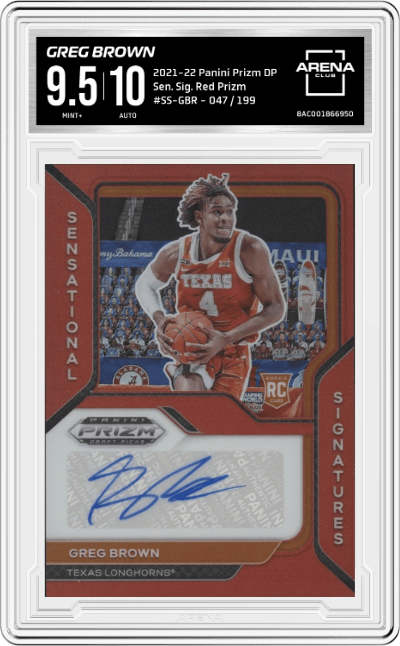 Greg Brown from the 2021-22 Panini Prizm Draft Picks set featuring a Red Prizm parallel graded by Arena Club and given an overall grade of 9.5.