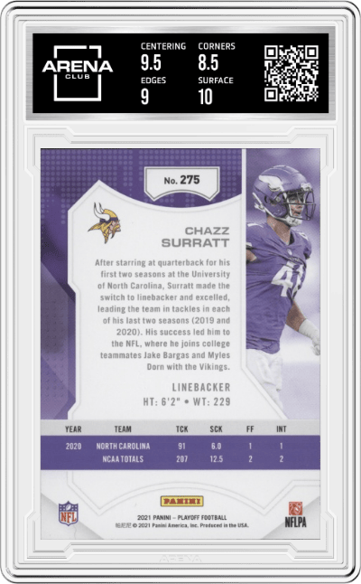Chazz Surratt from the 2021 Panini Playoff set featuring a 1st Down parallel graded by Arena Club and given an overall grade of 9.