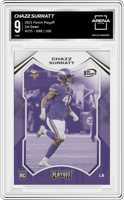 Chazz Surratt from the 2021 Panini Playoff set featuring a 1st Down parallel graded by Arena Club and given an overall grade of 9.