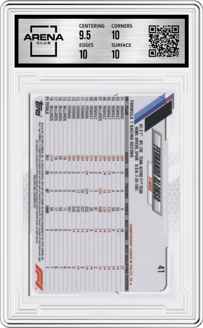 Fernando Alonso from the 2021 Topps Chrome F1  set graded by Arena Club and given an overall grade of 10.