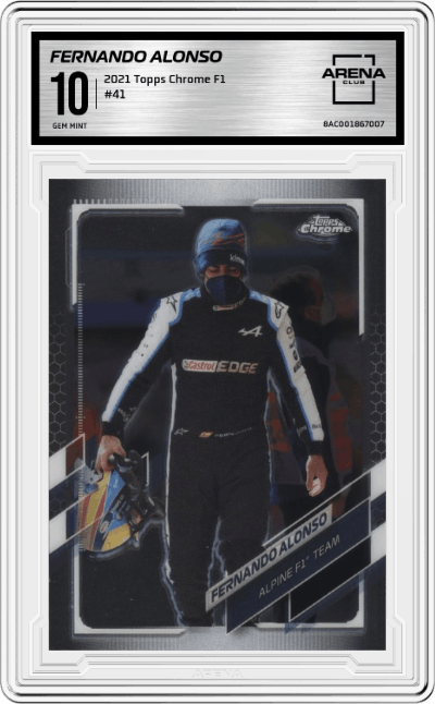 Fernando Alonso from the 2021 Topps Chrome F1  set graded by Arena Club and given an overall grade of 10.