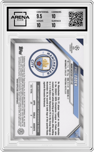 Phil Foden from the 2021-22 Topps Chrome UEFA Champions League set graded by Arena Club and given an overall grade of 10.