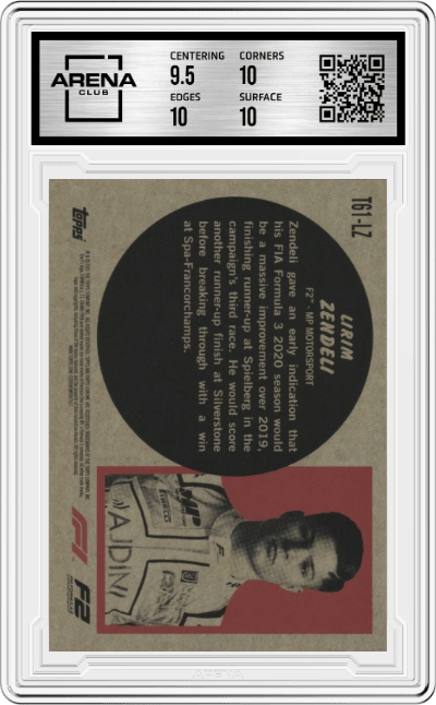 Lirim Zendeli from the 2021 Topps Chrome F1  set graded by Arena Club and given an overall grade of 10.