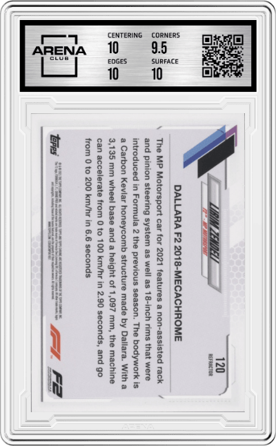 Lirim Zendeli from the 2021 Topps Chrome F1  set featuring a Refractor parallel graded by Arena Club and given an overall grade of 10.