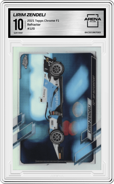 Lirim Zendeli from the 2021 Topps Chrome F1  set featuring a Refractor parallel graded by Arena Club and given an overall grade of 10.