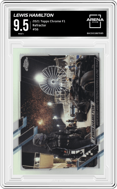 Lewis Hamilton from the 2021 Topps Chrome F1  set featuring a Refractor parallel graded by Arena Club and given an overall grade of 9.5.