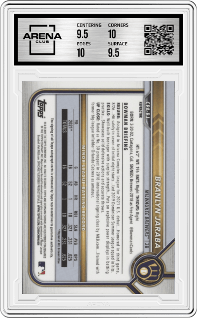 Branlyn Jaraba from the 2022 Bowman set featuring a Refractor  parallel graded by Arena Club and given an overall grade of 10.