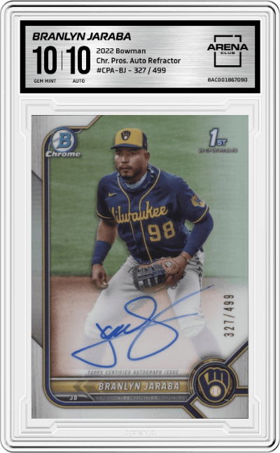 Branlyn Jaraba from the 2022 Bowman set featuring a Refractor  parallel graded by Arena Club and given an overall grade of 10.