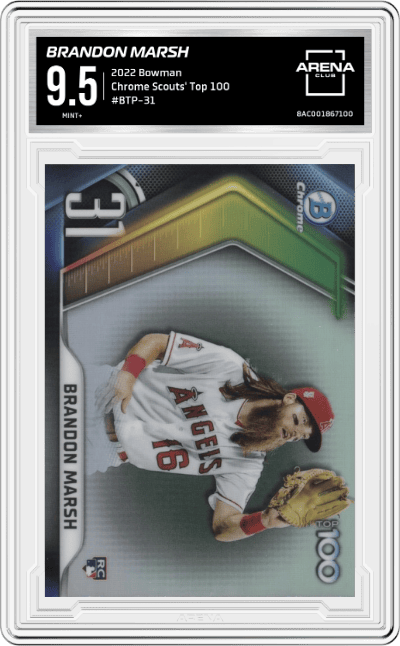 Brandon Marsh from the 2022 Bowman set graded by Arena Club and given an overall grade of 9.5.