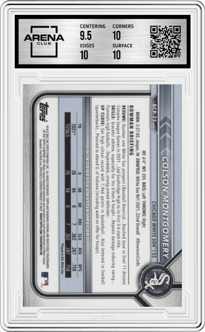 Colson Montgomery from the 2022 Bowman set graded by Arena Club and given an overall grade of 10.