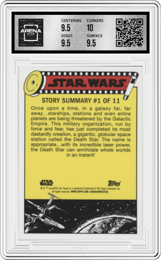 Carrie Fisher and Mark Hamill from the 2022 Topps Chrome Star Wars Sapphire set graded by Arena Club and given an overall grade of 10.