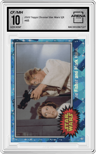 Carrie Fisher and Mark Hamill from the 2022 Topps Chrome Star Wars Sapphire set graded by Arena Club and given an overall grade of 10.
