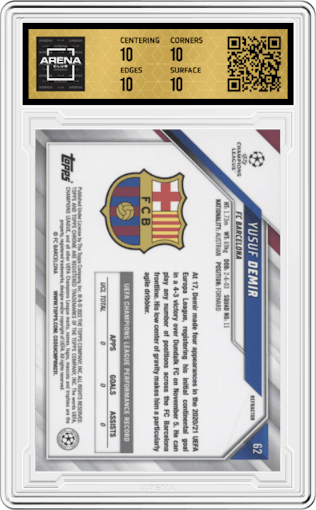 Yusuf Demir from the 2021-22 Topps Chrome UEFA Champions League set featuring a  Refractor parallel graded by Arena Club and given an overall grade of 10.