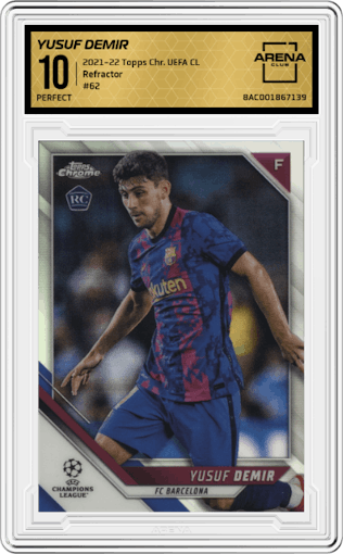 Yusuf Demir from the 2021-22 Topps Chrome UEFA Champions League set featuring a  Refractor parallel graded by Arena Club and given an overall grade of 10.