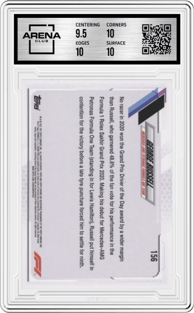 George Russell from the 2021 Topps Chrome F1  set graded by Arena Club and given an overall grade of 10.