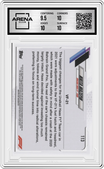 Nikita Mazepin from the 2021 Topps Chrome F1  set graded by Arena Club and given an overall grade of 10.