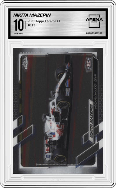 Nikita Mazepin from the 2021 Topps Chrome F1  set graded by Arena Club and given an overall grade of 10.