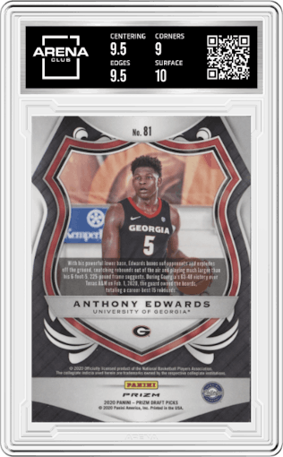 Anthony Edwards from the 2020-21 Panini Prizm DP set featuring a Green Prizm parallel graded by Arena Club and given an overall grade of 9.5.