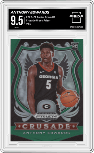 Anthony Edwards from the 2020-21 Panini Prizm DP set featuring a Green Prizm parallel graded by Arena Club and given an overall grade of 9.5.