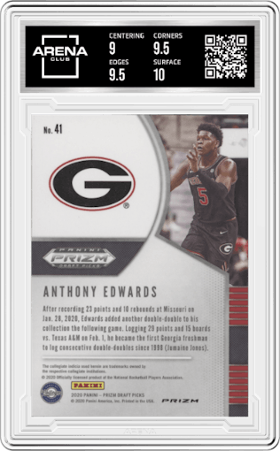 Anthony Edwards from the 2020-21 Panini Prizm DP set featuring a Pink Ice Prizm parallel graded by Arena Club and given an overall grade of 9.5.